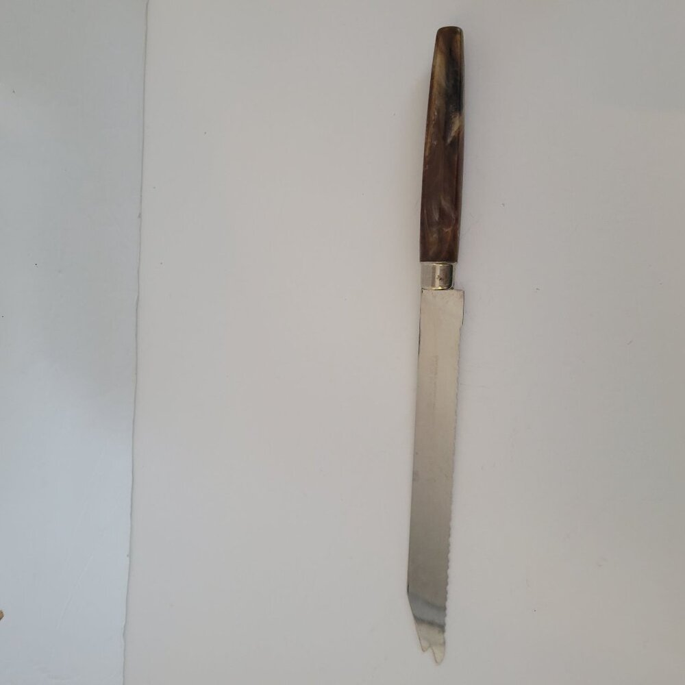Vintage Sheffield England Stainless Steel Serrated Bread Knife With Marbled Hand